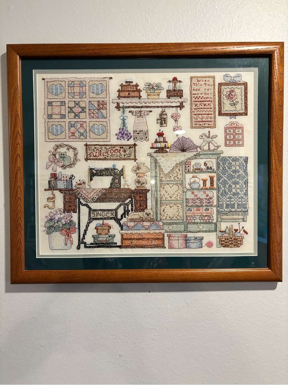 Framed 1991 "Cozy Sewing Room" Cross-Stitch Artwork designed by Barbara Waters